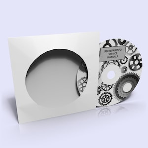May include: A white CD case with a round cutout for a CD. The CD has a white background with a black and gray gear design and the text "REC REPAIR INFO SERVICE MANUALS".