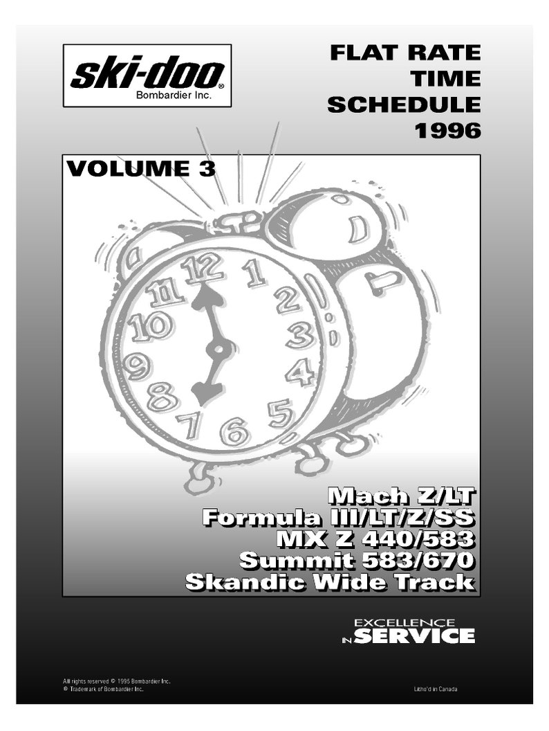 May include: Black and white illustration of an alarm clock with the text "VOLUME 3" above it. The clock face shows the time as 11:55. Below the clock is a list of snowmobile models: Mach Z/LT, Formula III/LT/Z/SS, MX Z 440/583, Summit 583/670, Skandic Wide Track. The text "FLAT RATE TIME SCHEDULE 1996" is at the top of the image.