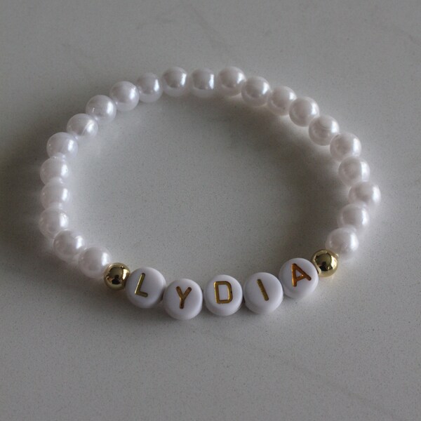 6mm Faux Pearl 18K Gold Filled Accent Bead Gold Alphabet Personalized Bracelet