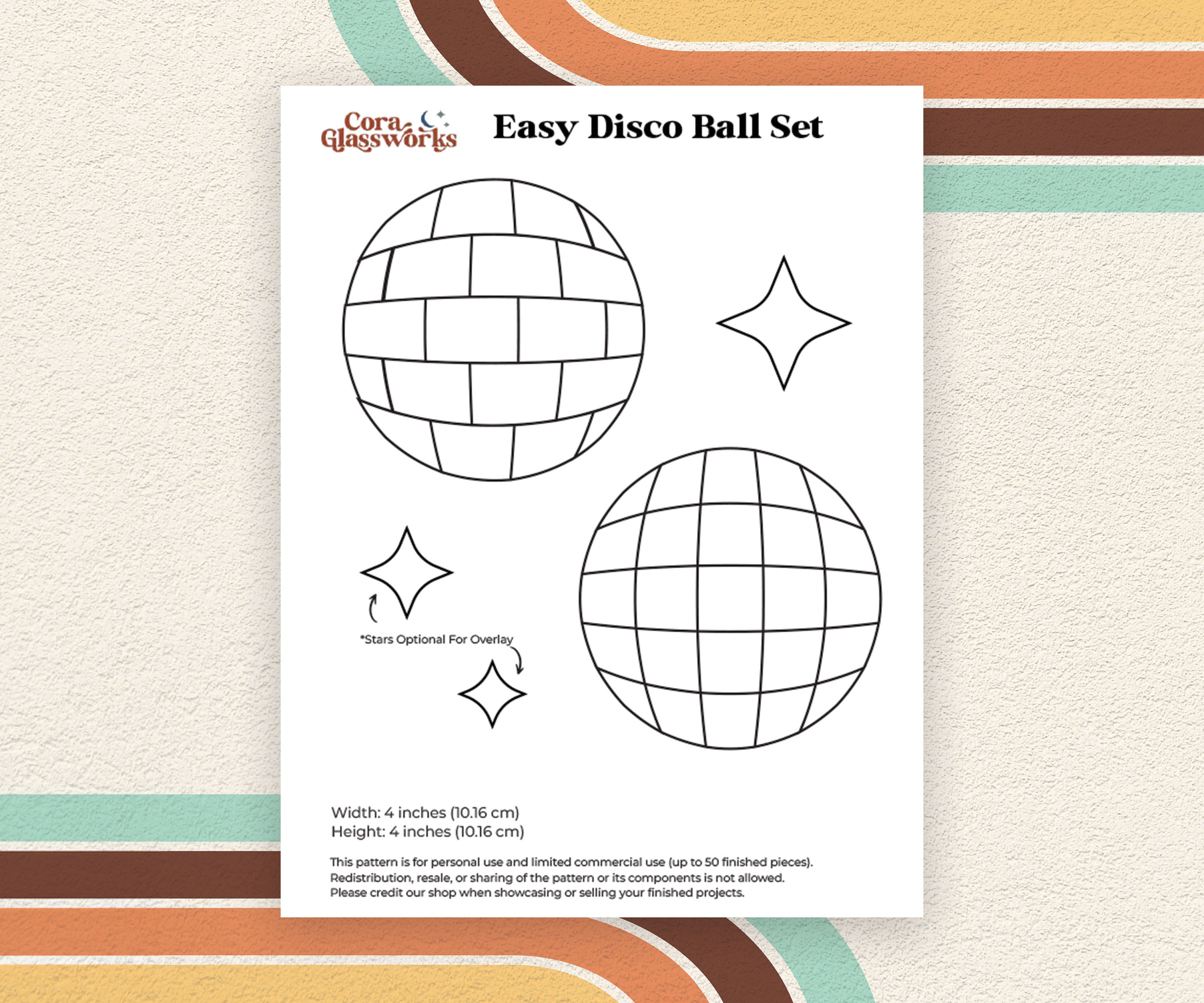 Easy Disco Ball with Optional Star Overlay Stained Glass Pattern with SVG and PDF