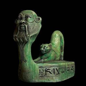 Large Ancient Egyptian Goddess Bastet statue with God Bes Face , Home decor statues made in Egypt, Bastet Cat cute statue.