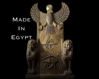 King Tutankhamun Throne, King Tutankhamun chair with Eye of Horus and winged Scarab symbol, Goddess Nekhbet Throne with cross Key of life