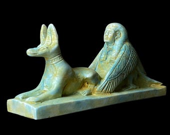 The BA Bird statue protecting Jackal God Anubis, Rare form statue made in Egypt.