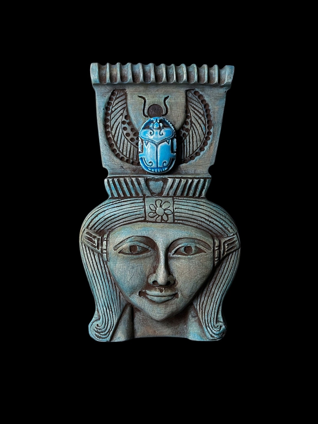 Manifest Handmade Goddess Hathor Statuette, Winged Scarab Symbol for