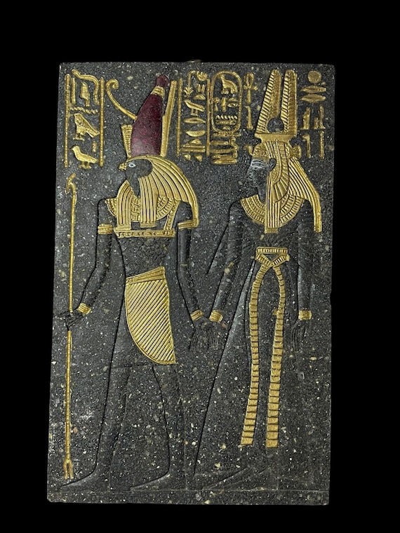エジプトの壁画レリーフ：ホルス神とクレオパトラ女王、古代美術