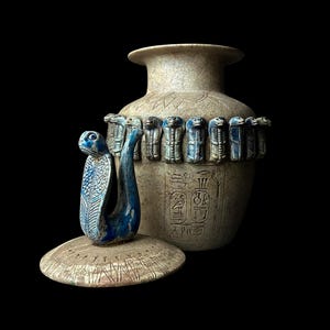 Vintage Egyptian Vase: Cobra Goddess Decor, Ancient Inscriptions