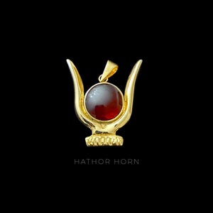 Goddess Hathor horn Amulet 18k Gold plated with Natural agate stone - Spiritual Protection & Empowerment - Hathor pendant necklace.