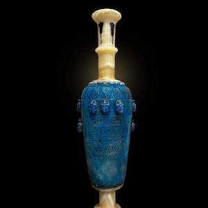 Vintage Alabaster Amphora: Egyptian Goddess Sekhmet & God Bes