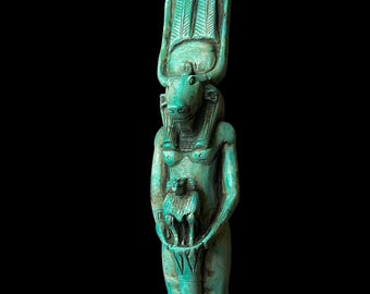 Handmade Goddess Hathor Statuette with God Thoth Baboon, Statue for the Egyptian Goddess Venus