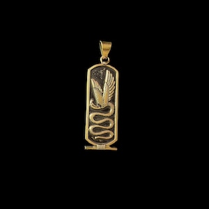 May include: Gold-colored pendant with an Egyptian hieroglyphic design. The pendant features a stylized snake and winged elements within a rectangular frame, suspended from a small loop. The background is black.