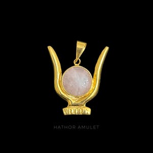 Goddess Hathor horn Amulet 18k Gold plated with Natural Quartz - Spiritual Protection & Empowerment - Hathor pendant necklace.