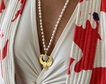 Aztec pearl necklace combined with a gold filled (on sterling silver) pendant with a white moon stone