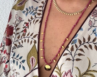 Pink, shiny quarz necklace with gold filled brass tear drops ended with an authentic shield pendant