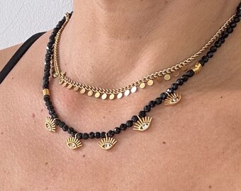 Onyx necklace ended with 5 gold filled brass evil eyes and hoops