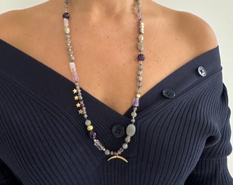 Amethyst and labradorite gemstones necklace with gold filled (on sterling silver) stars and spacers, ended with a gold filled moon charm
