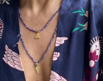 Amethyst long necklace ended with gold filled silver Aztec inspired pendant with tourmaline stone and gold filled sterling silver closure