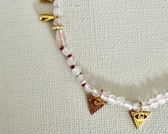 Handmade pink quartz gemstone necklace embellished with 24K gold filled on sterling silver pieces in between