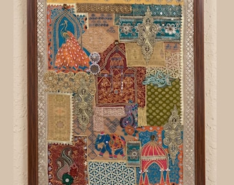 Mughal Art Fabric Collage, Regal Indian Textile Wandkunst, Banarasi, Seidenspiegel Gota Arbeit Original Meisterstück