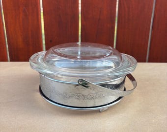 Pirofila vintage in vetro trasparente Pyrex 022 con supporto in argento decorato (1 Qt)