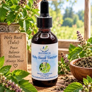 May include: A dark amber glass bottle of Holy Basil (Tulsi) tincture with a black dropper cap. The white label features the text Holy Basil Tincture (Tulsi), Dietary Supplement, 2 Fluid OZ., and a circular image of the green Tulsi plant.