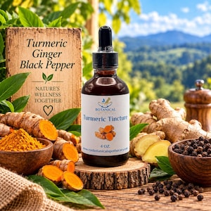 May include: A brown glass dropper bottle labeled Turmeric Tincture 4 OZ. The label features a graphic of turmeric roots and the text CTM BOTANICAL APOTHECARY. Nearby are wooden bowls containing turmeric powder and black peppercorns, plus fresh ginger roots.