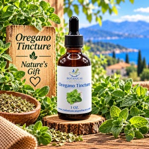 May include: A brown glass dropper bottle of Oregano Tincture with a white label featuring a mortar and pestle logo, a green oregano leaf graphic, and the text 1 OZ. The bottle sits on a wooden slice surrounded by fresh green oregano leaves.