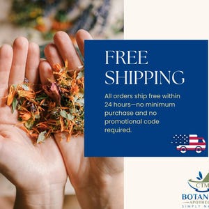 May include: A handful of dried botanical herbs and flower petals in shades of orange, yellow, and green. A blue rectangular graphic features the text FREE SHIPPING, details about 24-hour dispatch, a truck icon, and the CTM Botanical Apothecary logo.