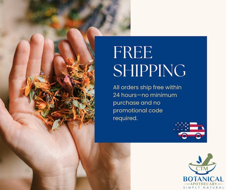 May include: A handful of dried botanical herbs and flower petals in shades of orange, yellow, and green. A blue rectangular graphic features the text FREE SHIPPING, details about 24-hour dispatch, a truck icon, and the CTM Botanical Apothecary logo.