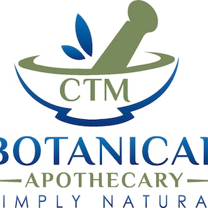 May include: A logo featuring a mortar and pestle in olive green and blue, with two blue leaves. The text reads CTM, BOTANICAL APOTHECARY, and SIMPLY NATURAL in a combination of blue and olive green against a black background.