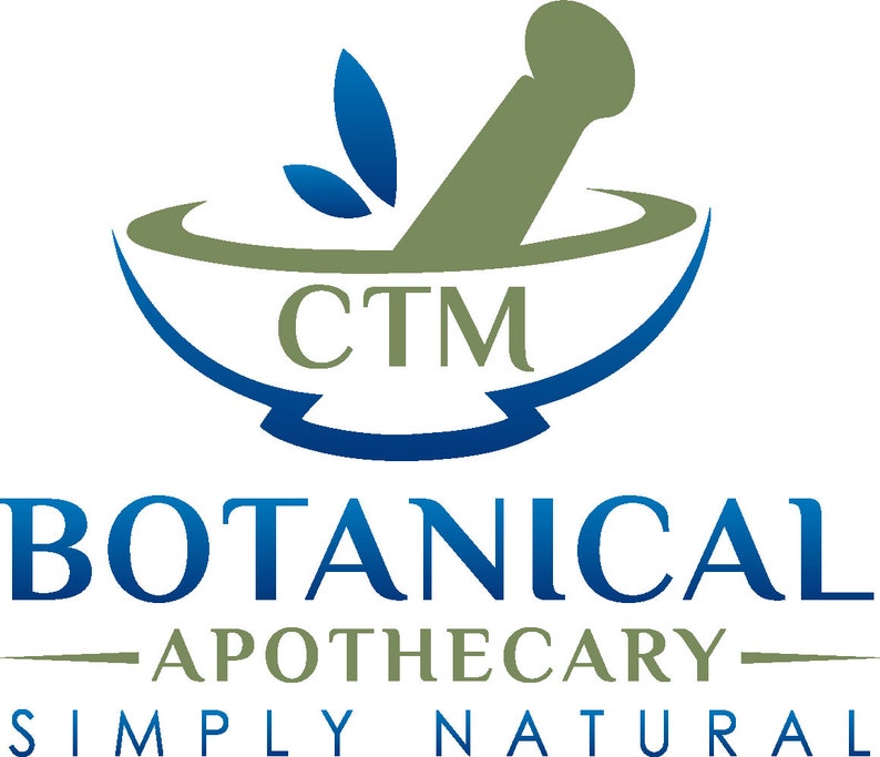 May include: A logo featuring a mortar and pestle in olive green and blue, with two blue leaves. The text reads CTM, BOTANICAL APOTHECARY, and SIMPLY NATURAL in a combination of blue and olive green against a black background.