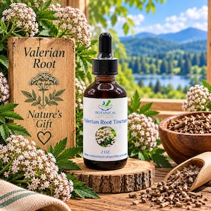 May include: A 2 oz. amber glass bottle of Valerian Root Tincture with a black dropper cap. The label features the text CTM BOTANICAL APOTHECARY, Valerian Root Tincture, and a small image of the plant. A wooden sign reads Valerian Root Nature's Gift.