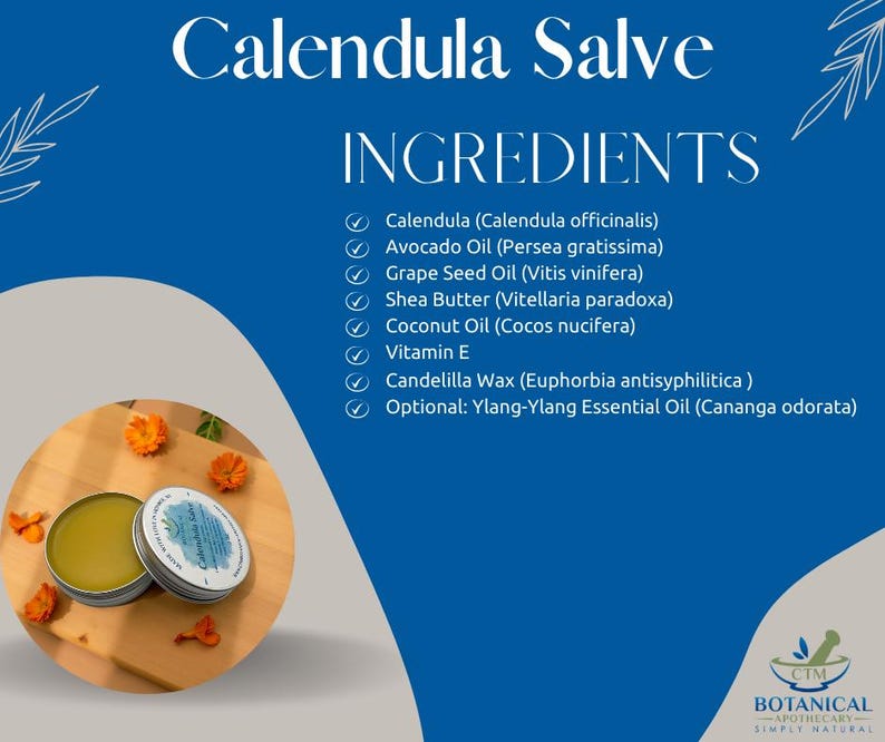 May include: A blue graphic featuring the text Calendula Salve and a list of ingredients including Calendula, Avocado Oil, Grape Seed Oil, Shea Butter, Coconut Oil, Vitamin E, Candelilla Wax, and Ylang-Ylang. A round tin of salve is shown.