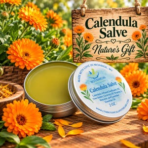 May include: A round metal tin of Calendula Salve with a light green balm inside. The lid features text including Calendula Salve, ingredients like sunflower oil, shea butter, coconut oil, vitamin E, beeswax, lavender oil, and 2 oz.