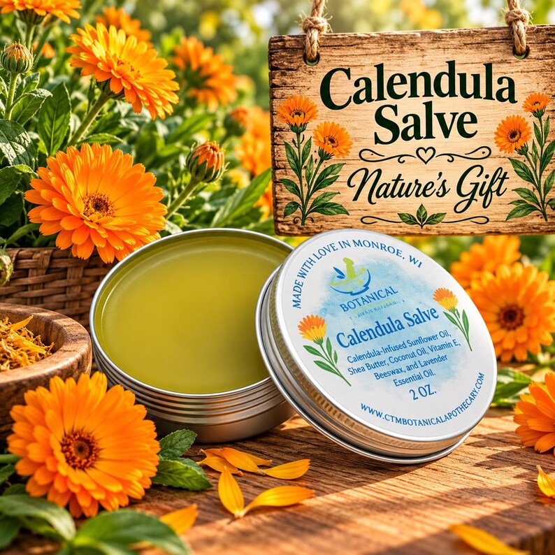 May include: A round metal tin of Calendula Salve with a light green balm inside. The lid features text including Calendula Salve, ingredients like sunflower oil, shea butter, coconut oil, vitamin E, beeswax, lavender oil, and 2 oz.