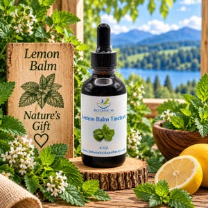 May include: A dark amber glass bottle with a black dropper cap containing Lemon Balm Tincture. The white label features the text Lemon Balm Tincture, 4 OZ., and a green leaf graphic. It sits on a wood slice next to a wooden sign with text.