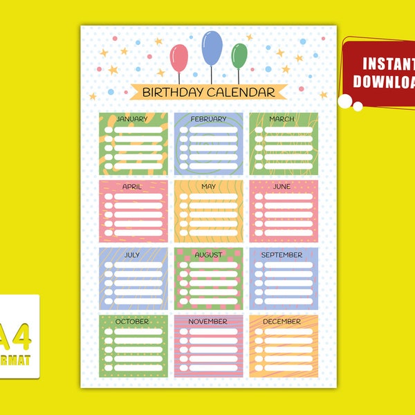 Birthday Calendar Printable Etsy