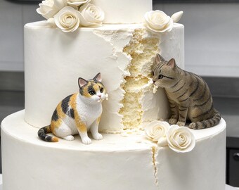 May include: A multi-tiered white frosted cake decorated with white fondant roses. Two cat figurines are placed on the cake: a calico cat on the left and a brown tabby cat on the right, both appearing to eat a section of the cake frosting.