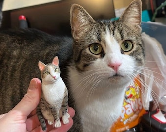 May include: A close-up of a gray tabby cat looking at the camera. A smaller, white and gray tabby cat figurine is being held in the foreground.