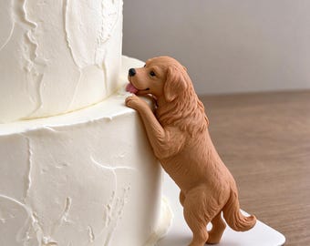 May include: A light brown golden retriever figurine standing on its hind legs, leaning against a two-tiered white frosted cake. The dog has a black nose and a small pink tongue visible as it reaches toward the side of the cake tier.
