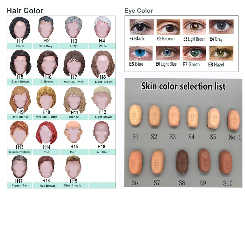 May include: A chart with different hair colors, eye colors, and skin tones. The chart is labeled "Hair Color", "Eye Color", and "Skin color selection list".