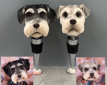 May include: Two miniature schnauzer dog bottle stoppers. The stoppers are made of a light gray and dark gray material. The stoppers are attached to a silver metal base. There are two photos of miniature schnauzers below the stoppers.