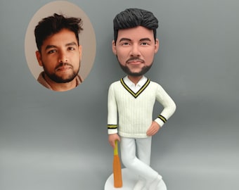 Custom Cricket Player Bobblehead - Handmade Clay Figure Gift for Cricket Lover Friend