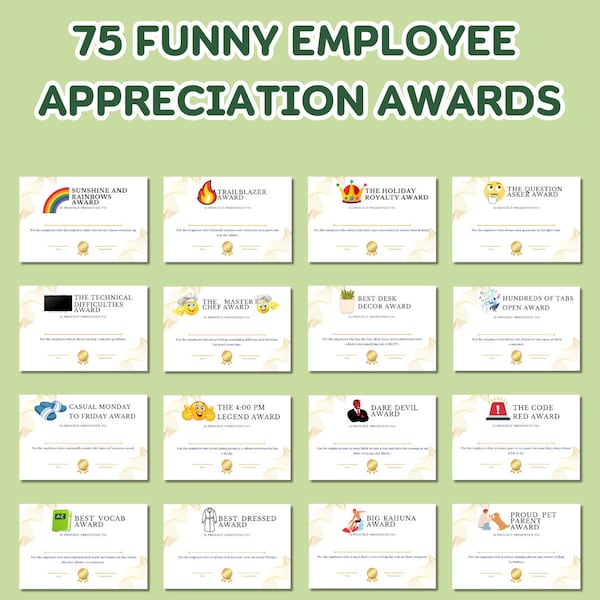 Funny Employee Appreciation Award Certificates: 75 Work Team Awards (Digital Download)