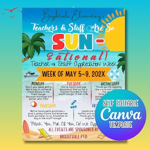 Editable Beach Theme Teacher & Staff Appreciation Flyer | Sunsational Itinerary Schedule | Printable Canva Template | Instant Download