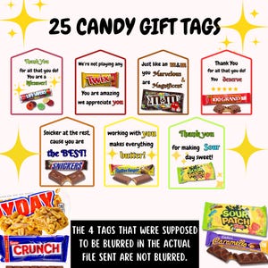 Puede incluir: Un conjunto de 25 etiquetas de regalo imprimibles con diferentes marcas de barras de chocolate. Las etiquetas están diseñadas para imprimirse y pegarse a las barras de chocolate como regalo. El texto en las etiquetas incluye frases como "¡Gracias por todo lo que haces!" y "¡Eres increíble, te apreciamos!"