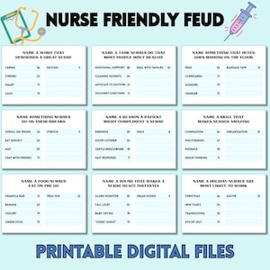 May include: A printable game board with a light blue background and black text. The game is called "Nurse Friendly Feud" and is a word association game. The game board is divided into nine squares, each with a different category and a list of words or phrases. The categories include "Name a word that describes a great nurse", "Name a task nurses do that most people don't realize", "Name something that often goes missing on the floor", "Name something nurses do on their breaks", "Name a reason a patient might compliment a nurse", "Name a skill that makes nurses amazing", "Name a food nurses eat on the go", "Name a sound that makes a nurse react instantly", and "Name a holiday nurses are most likely to work".