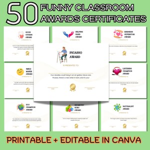 Funny Classroom Awards Certificates Editable in Canva, End Of School Year Achievement Award, Students Gift, Class Superlatives Teacher Gift