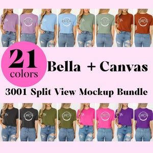 May include: A mockup bundle of 21 Bella + Canvas t-shirts in various colors. The shirts are shown in a split view, with the front and back of each shirt visible. The text "21 colors" and "3001 Split View Mockup Bundle" is displayed on the image.