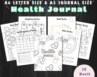 May include: A collection of black and white health journal pages with various trackers, including mood, weight loss, and medication. The journal includes a cover with the text "Health Journal" and is available in A4 and A5 sizes. The image also includes the text "20 Month Pages".