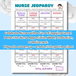 Nurse Jeopardy Game: Trivia for Appreciation Week, Graduation, Retirement